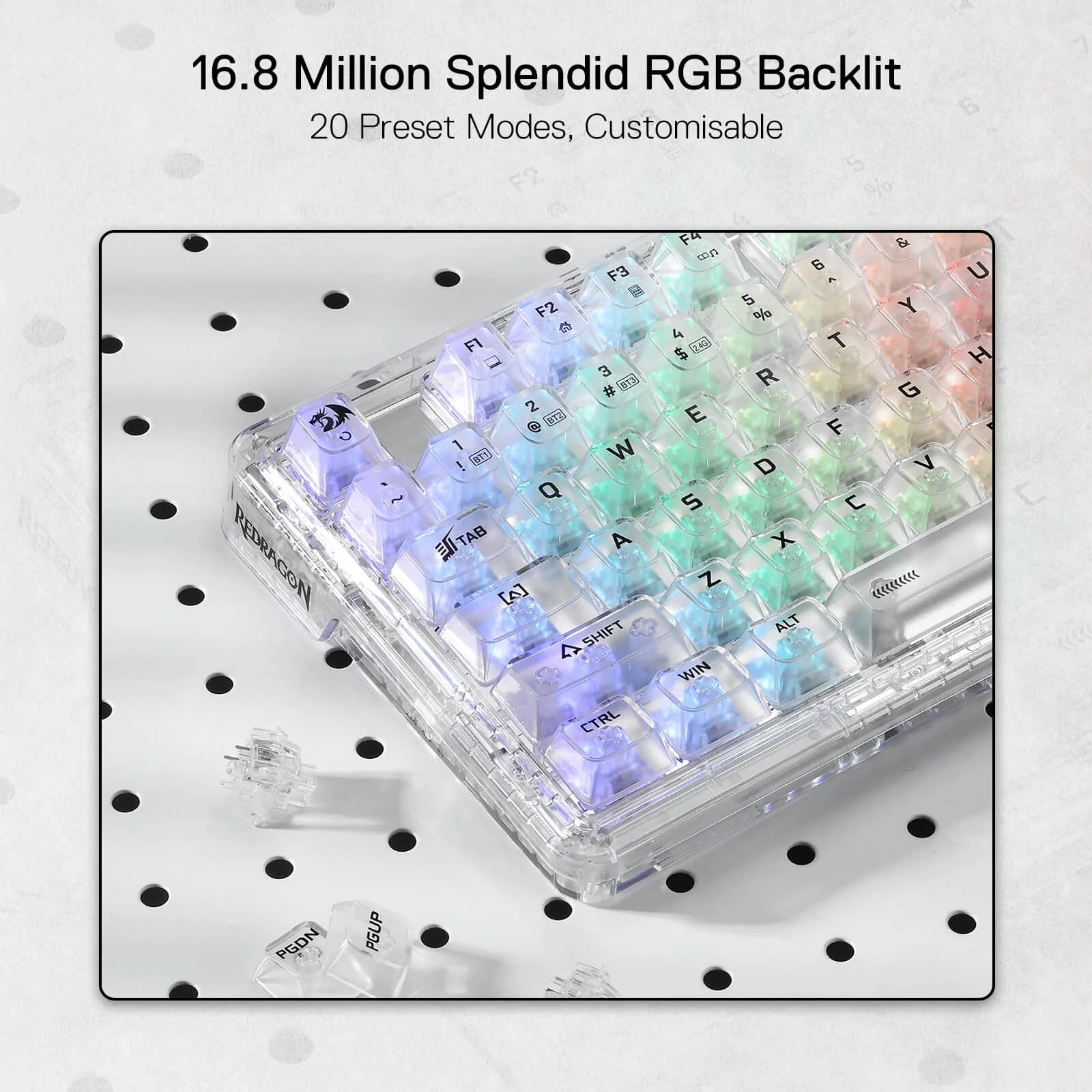 لوحة مفاتيح ميكانيكية للألعاب Redragon K649 PRO بثلاثة أوضاع (لاسلكي/بلوتوث)، RGB، تصميم شفاف أبيض بحجم 75%