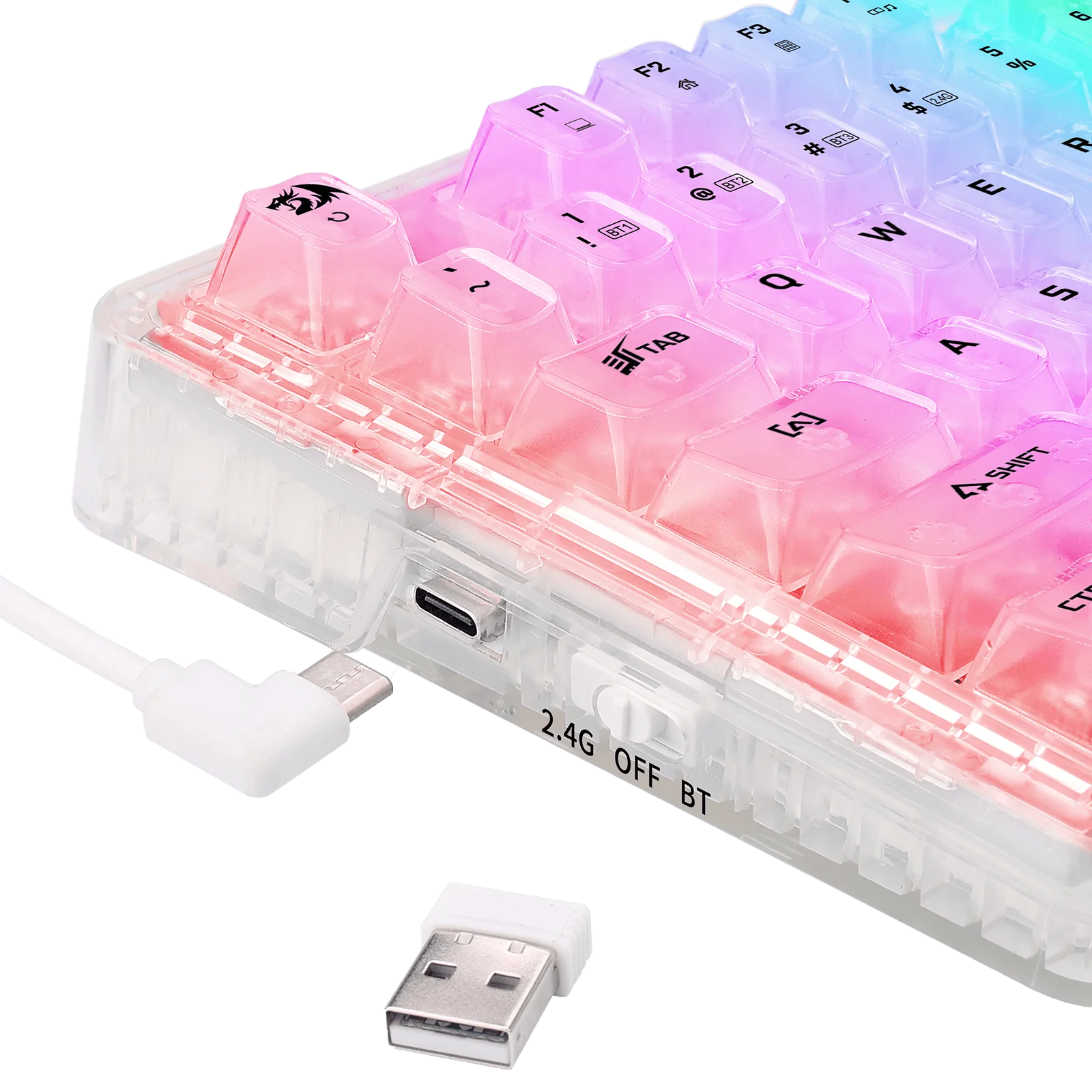 لوحة مفاتيح ميكانيكية للألعاب Redragon K649 PRO بثلاثة أوضاع (لاسلكي/بلوتوث)، RGB، تصميم شفاف أبيض بحجم 75%