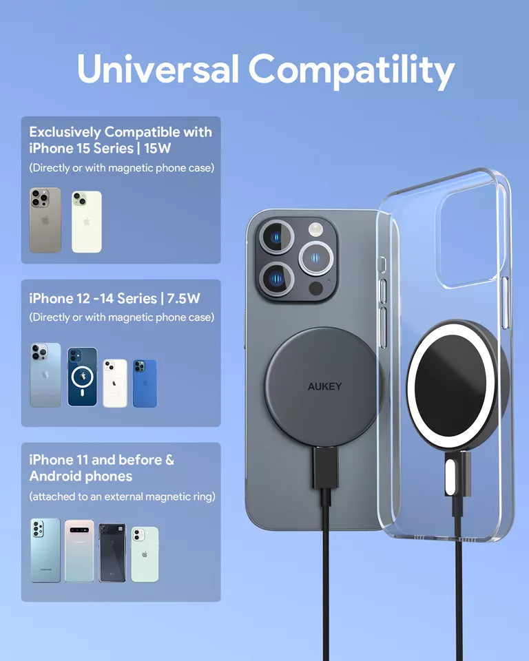 AUKEY MAG FUSION AURA Magnetic Wireless Charger- Grey15W
