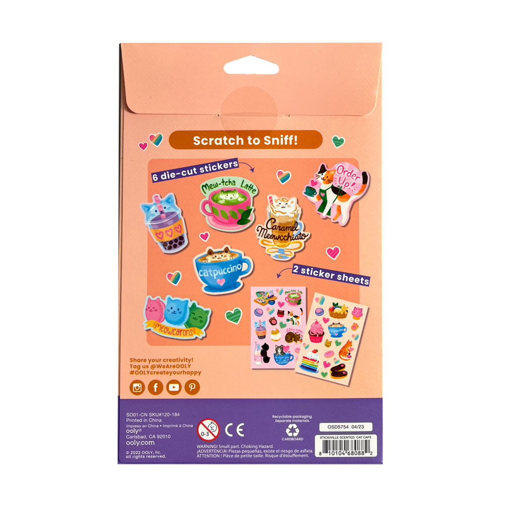 Ooly Stickiville Stickers: Cat Cafe Scented 2 Sheets & 6 Die cut Stickers