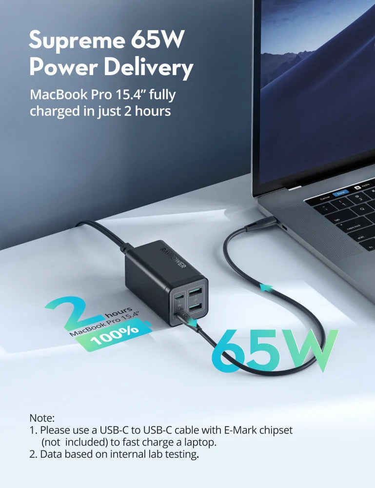 RAVPower RP-PC136 PD Pioneer 65W 4-Port Wall Charger Black