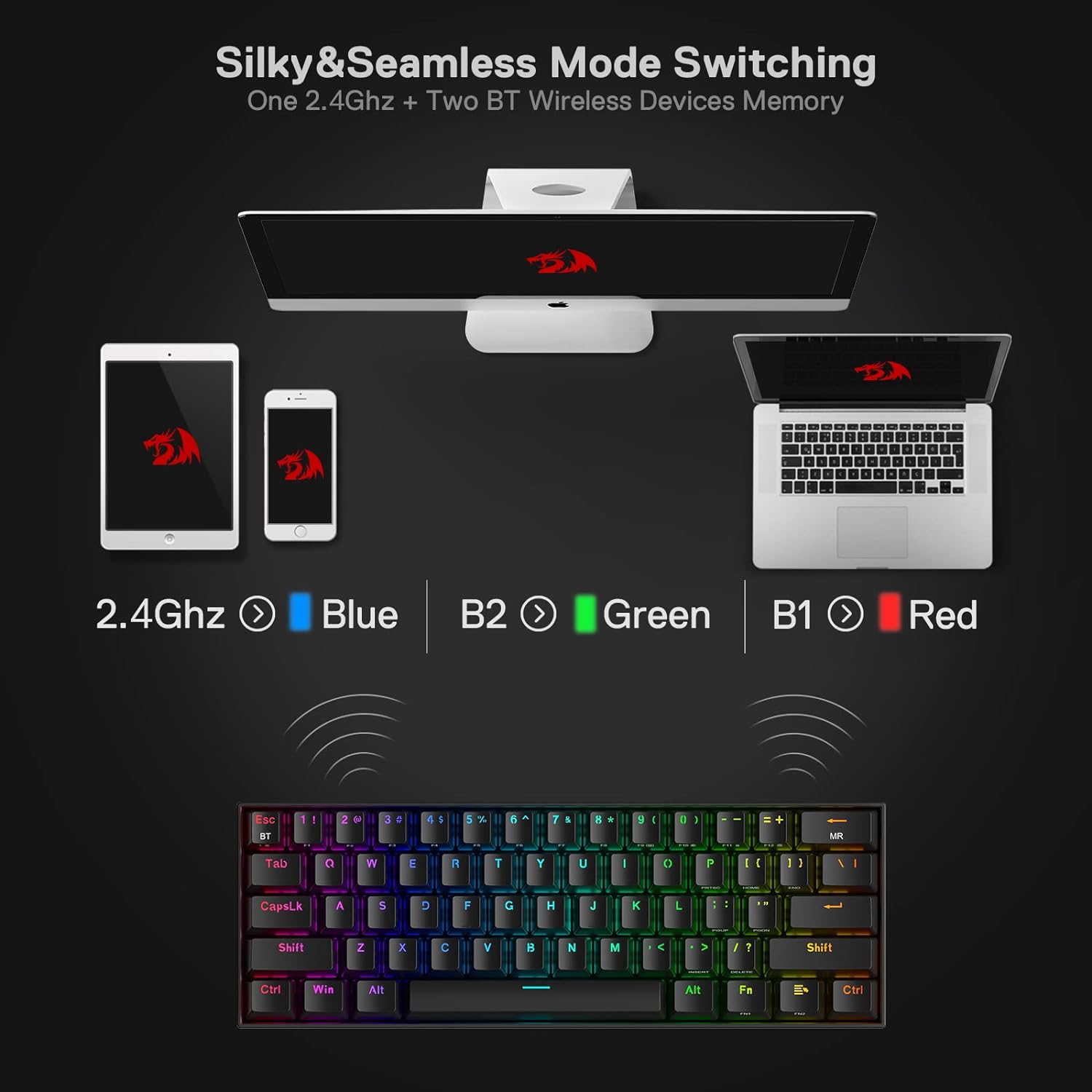 لوحة مفاتيح ألعاب لاسلكية مدمجة Redragon K530 PRO Draconic بنسبة 60% مع إضاءة RGB