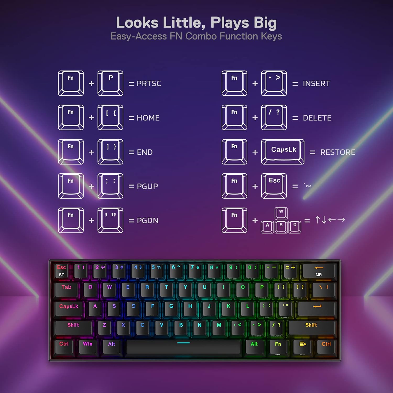 لوحة مفاتيح ألعاب لاسلكية مدمجة Redragon K530 PRO Draconic بنسبة 60% مع إضاءة RGB