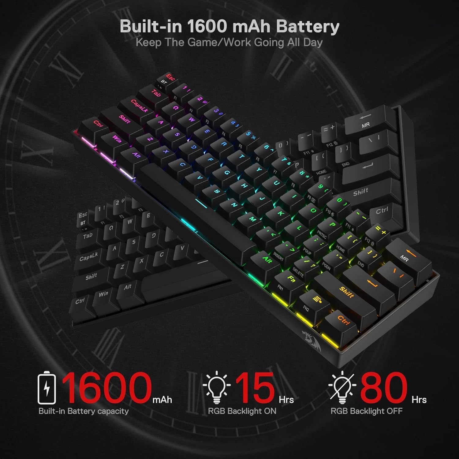 لوحة مفاتيح ألعاب لاسلكية مدمجة Redragon K530 PRO Draconic بنسبة 60% مع إضاءة RGB