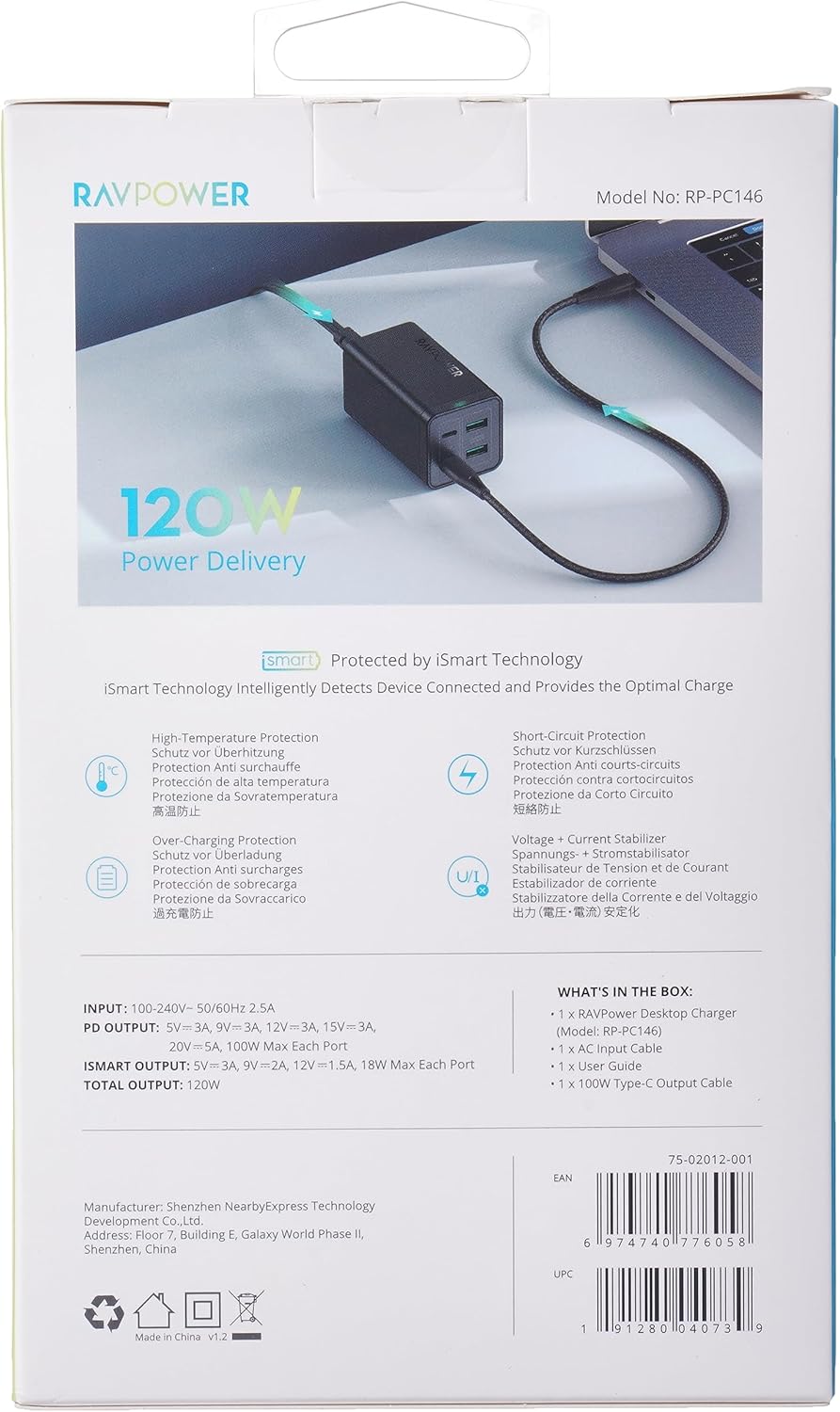 RAVPower RP-PC146 PD 120W 4 Port BLK