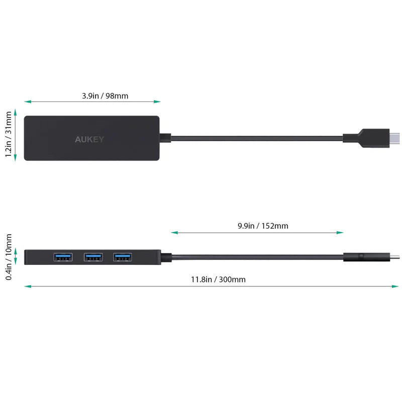 موزع USB-C فائق النحافة مع 4 منافذ USB 3.0 - أسود