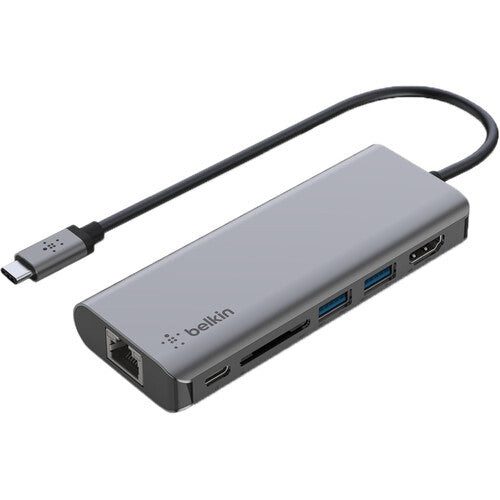 بيلكين - محور 6 في 1 - USB-C إلى (1 USB-C 2 USB-A 5 جيجابت في الثانية 1 HDMI 1 إيثرنت 1 بطاقة SD) - رمادي