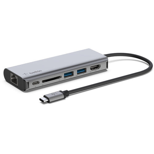 بيلكين - محور 6 في 1 - USB-C إلى (1 USB-C 2 USB-A 5 جيجابت في الثانية 1 HDMI 1 إيثرنت 1 بطاقة SD) - رمادي