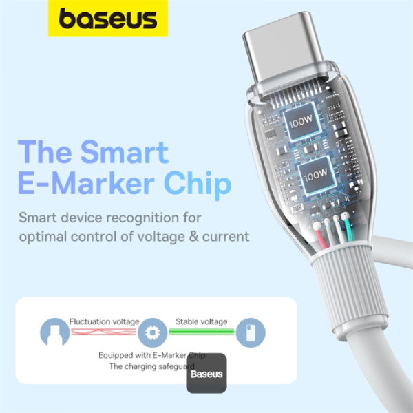 كابل شحن سريع باسياس بودينغ USB-C 100W 1.2م باللون الأبيض