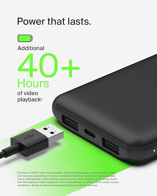 بيلكين - بنك طاقة 10K BOOST CHARGE 15W USB-C مزدوج 12W X2 USB-A - أسود