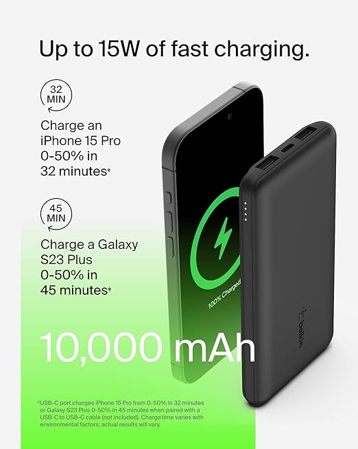 بيلكين - بنك طاقة 10K BOOST CHARGE 15W USB-C مزدوج 12W X2 USB-A - أسود