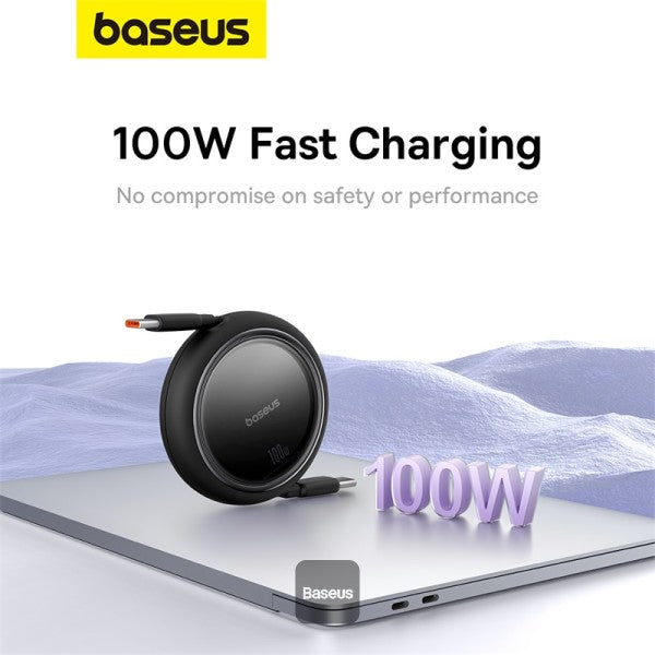 كابل شحن باسياس فري 2 درو ميني قابل للسحب USB-C 100W 1م باللون الأسود