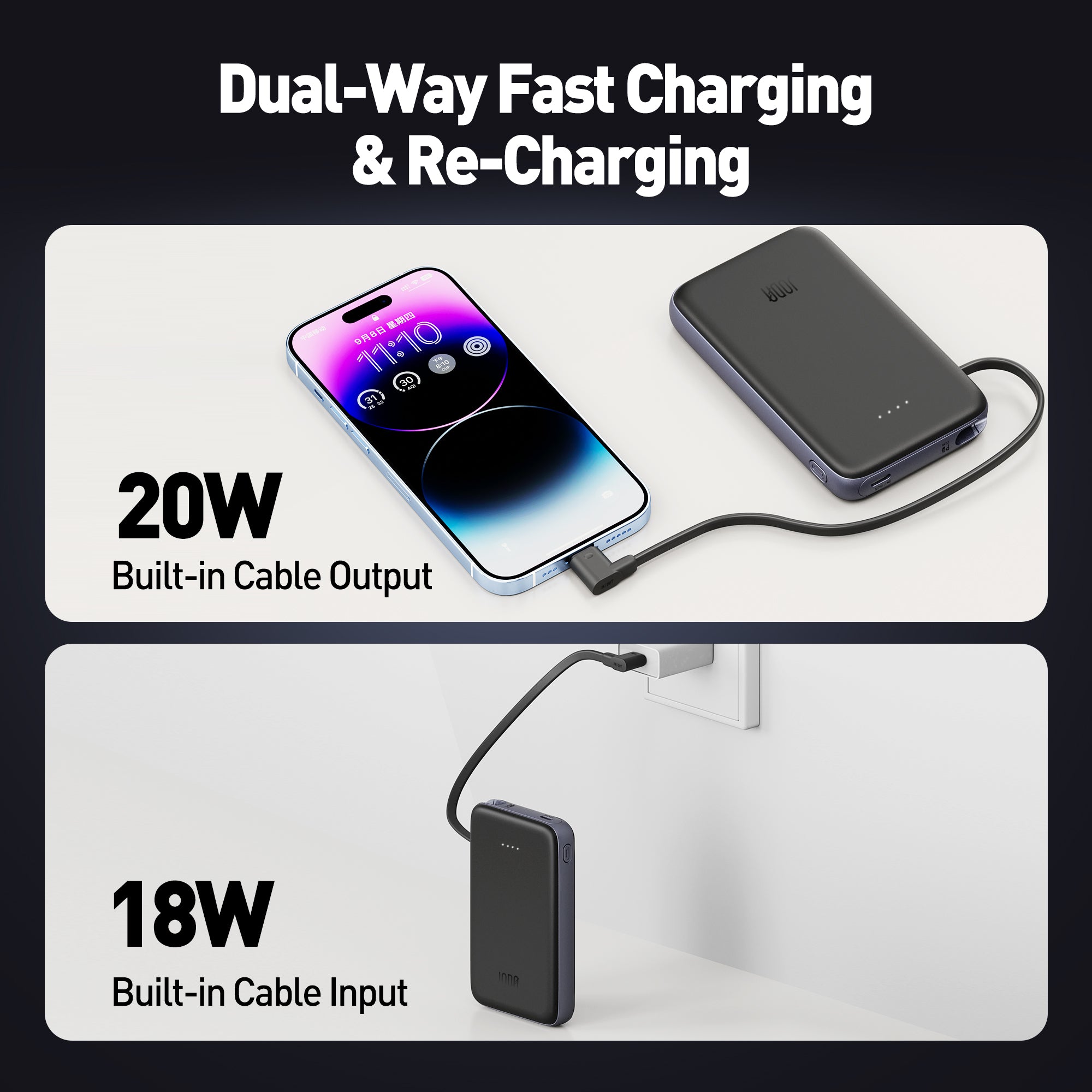 JODA 10000mAh 20W PD Power Bank with Built-in Cable Black