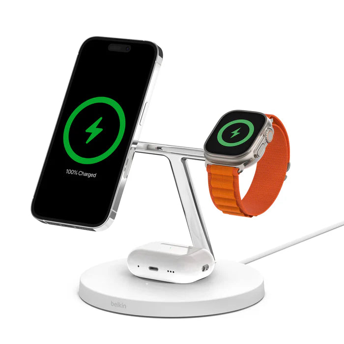 بيلكين - شاحن BOOSTCHARGE PRO 3 في 1 مع شاحن MAGSAFE 15W - أبيض