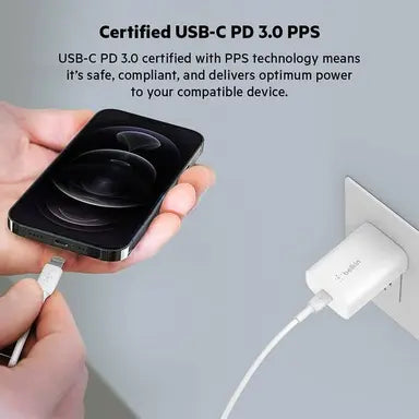بيلكين - شاحن لاسلكي 25W PD USB-C مع كابل 1م PVC C-LTG - أبيض
