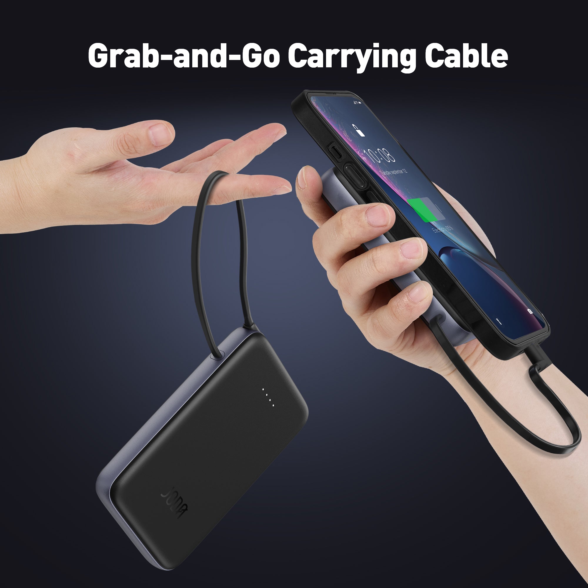JODA 10000mAh 20W PD Power Bank with Built-in Cable Black