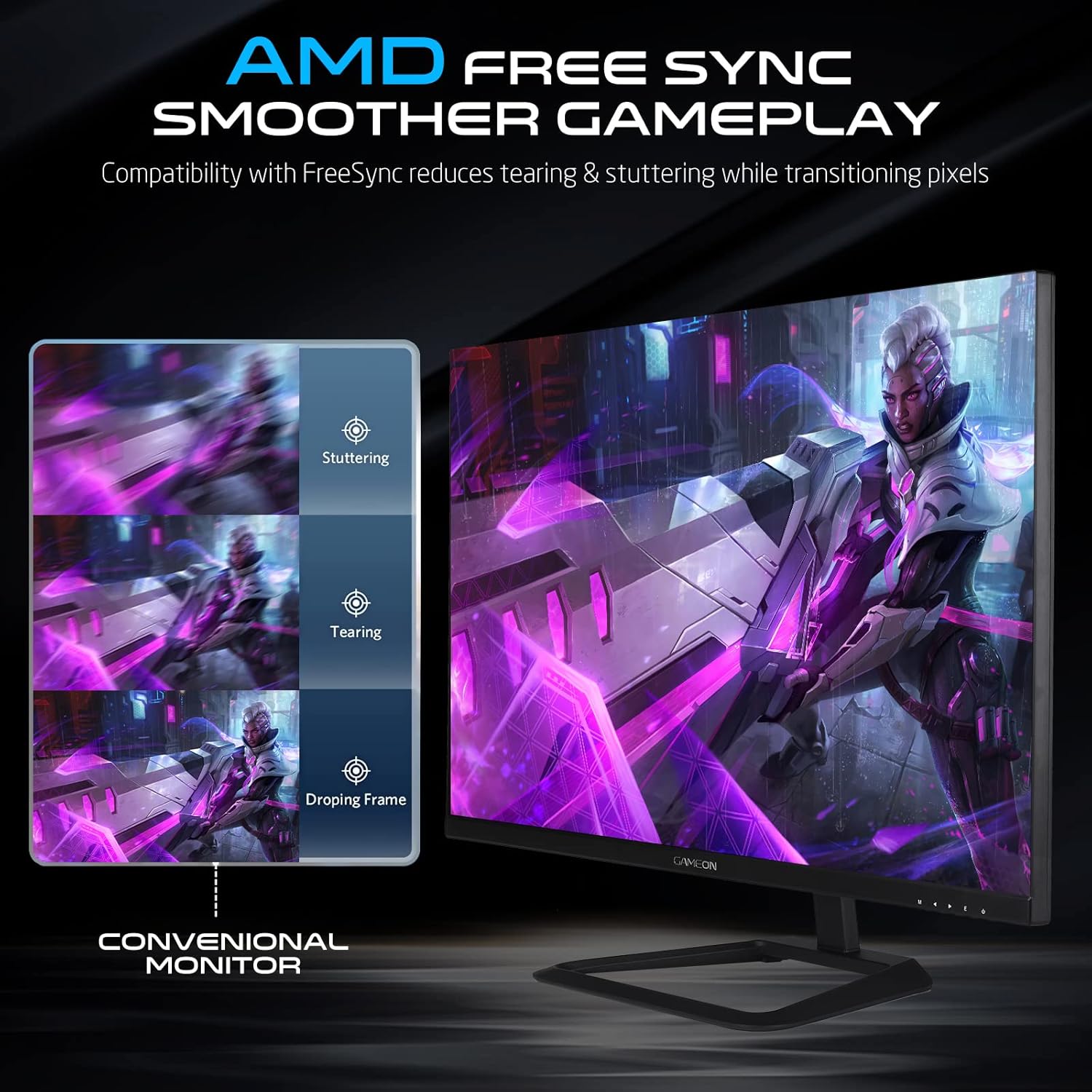 شاشة الألعاب GAMEON GOP32FHD240VA بحجم 32 بوصة، FHD، 240 هرتز، 1 مللي ثانية، شاشة مسطحة VA مع تقنية G-Sync و Free Sync - سوداء (متوافقة مع HDMI 2.1)