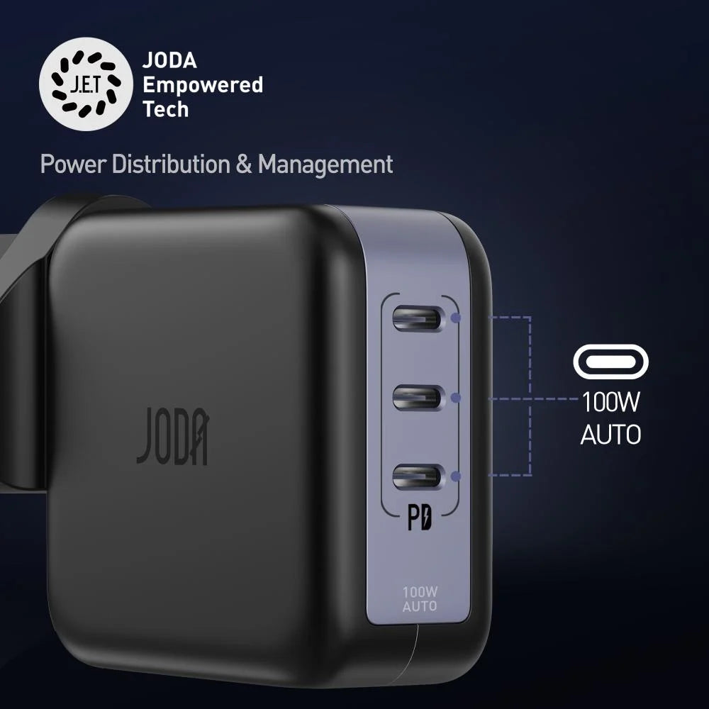 JODA 100W USB-C 3-Port GaN Wall Charger Black