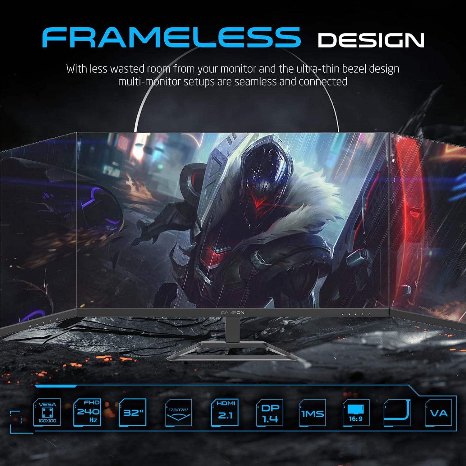 شاشة الألعاب GAMEON GOP32FHD240VA بحجم 32 بوصة، FHD، 240 هرتز، 1 مللي ثانية، شاشة مسطحة VA مع تقنية G-Sync و Free Sync - سوداء (متوافقة مع HDMI 2.1)