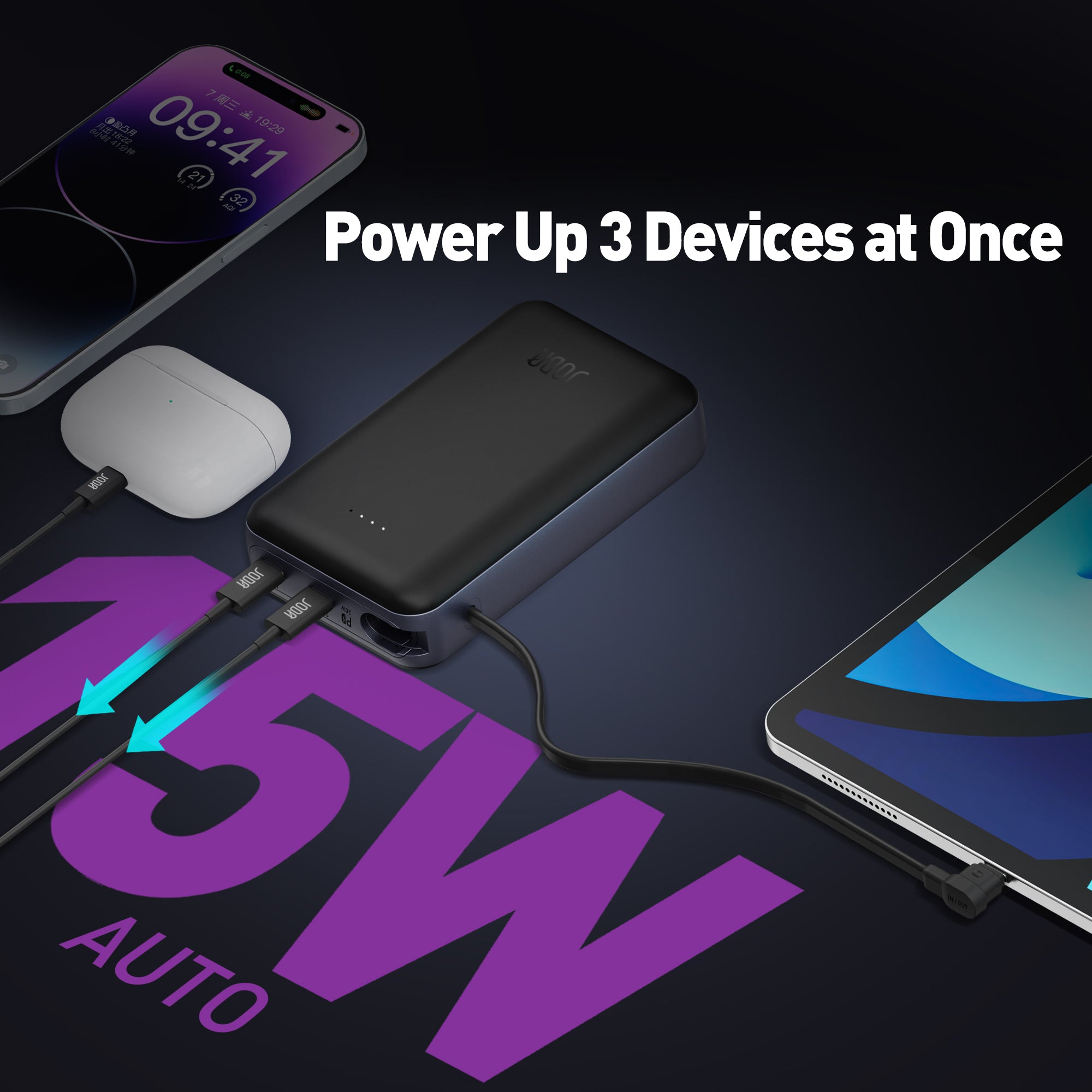 JODA 20000mAh 20W PD Power Bank with Built-in Cable Black