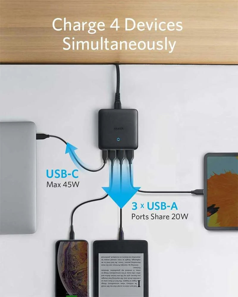 شاحن أنكر 65W 4 منافذ 1USB-C 3 USB-A - أسود