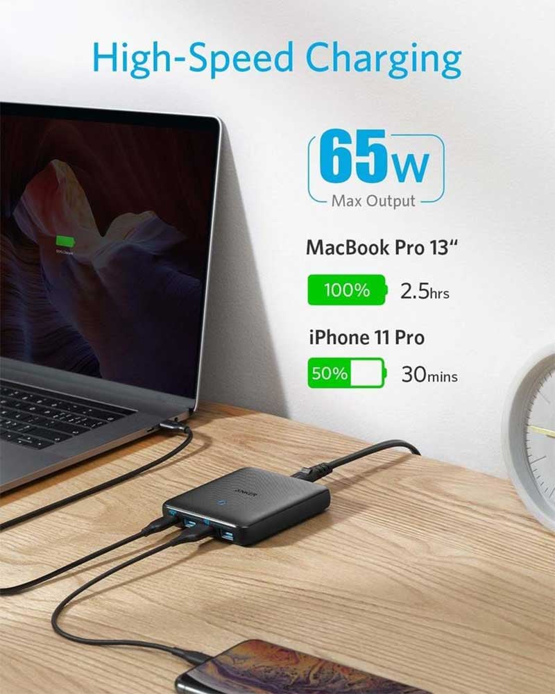 شاحن أنكر 65W 4 منافذ 1USB-C 3 USB-A - أسود