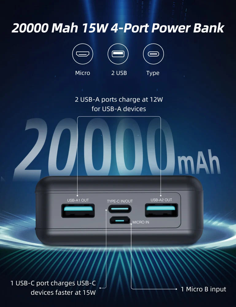 بنك طاقة RavPower RP-PB1216 بسعة 20000mAh وقوة 15W مع 4 منافذ - أسود