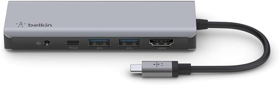 بيلكين - محور 7 في 1 - USB-C إلى (1 SD 1 M.SD 1 AUX 1C 2A 4K HDMI) - رمادي
