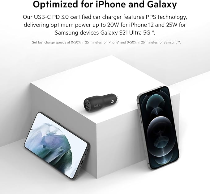 BELKIN CAR CHARGER - 37W - 1 USBC(25W) 1 USBA(12W) - BLACK