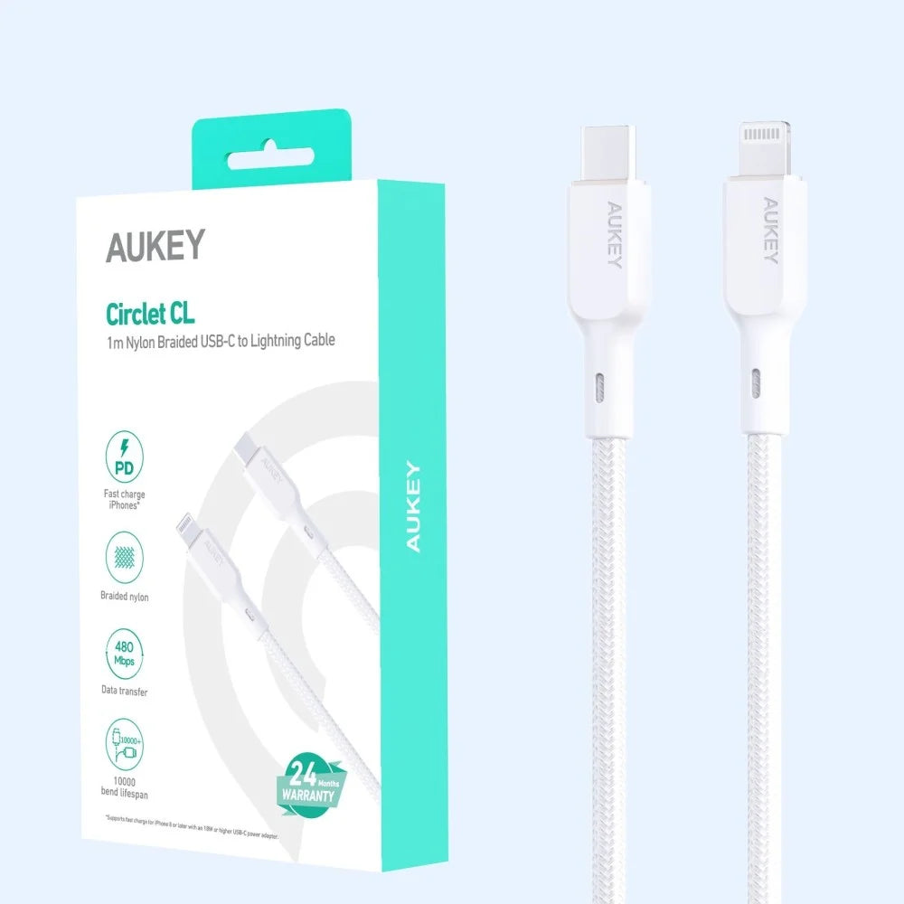 AUKEY Braided Nylon Charge MFI USB-C To Lightning 1m White