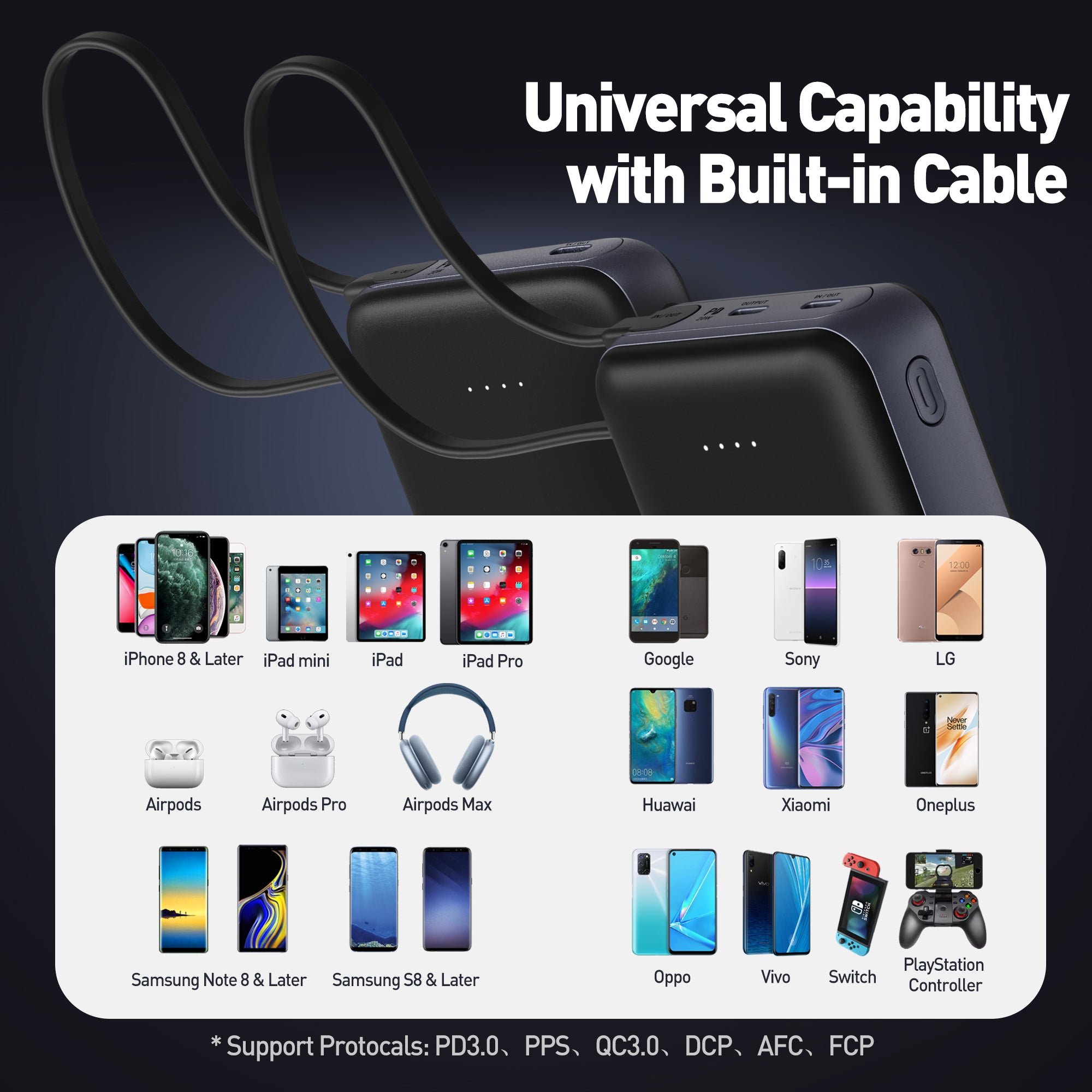 JODA 10000mAh 20W PD Power Bank with Built-in Cable Black
