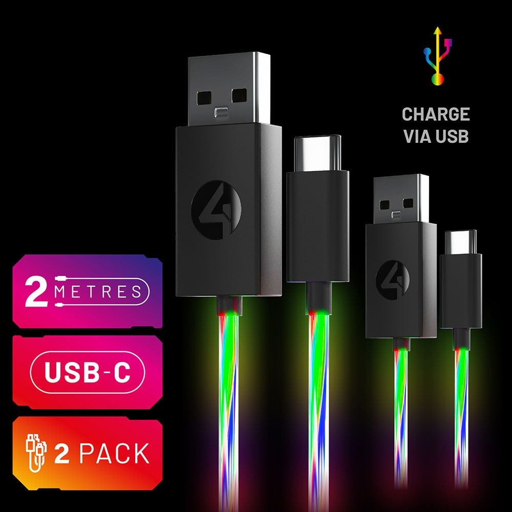 كابلات شحن مضيئة 4Gamers متعددة الصيغ - حزمة من كابلين 2 متر