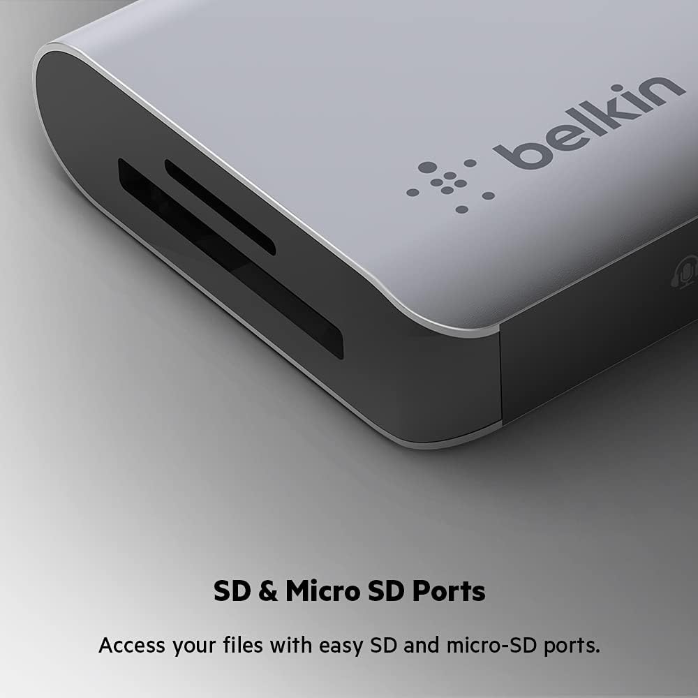بيلكين - محور 7 في 1 - USB-C إلى (1 SD 1 M.SD 1 AUX 1C 2A 4K HDMI) - رمادي