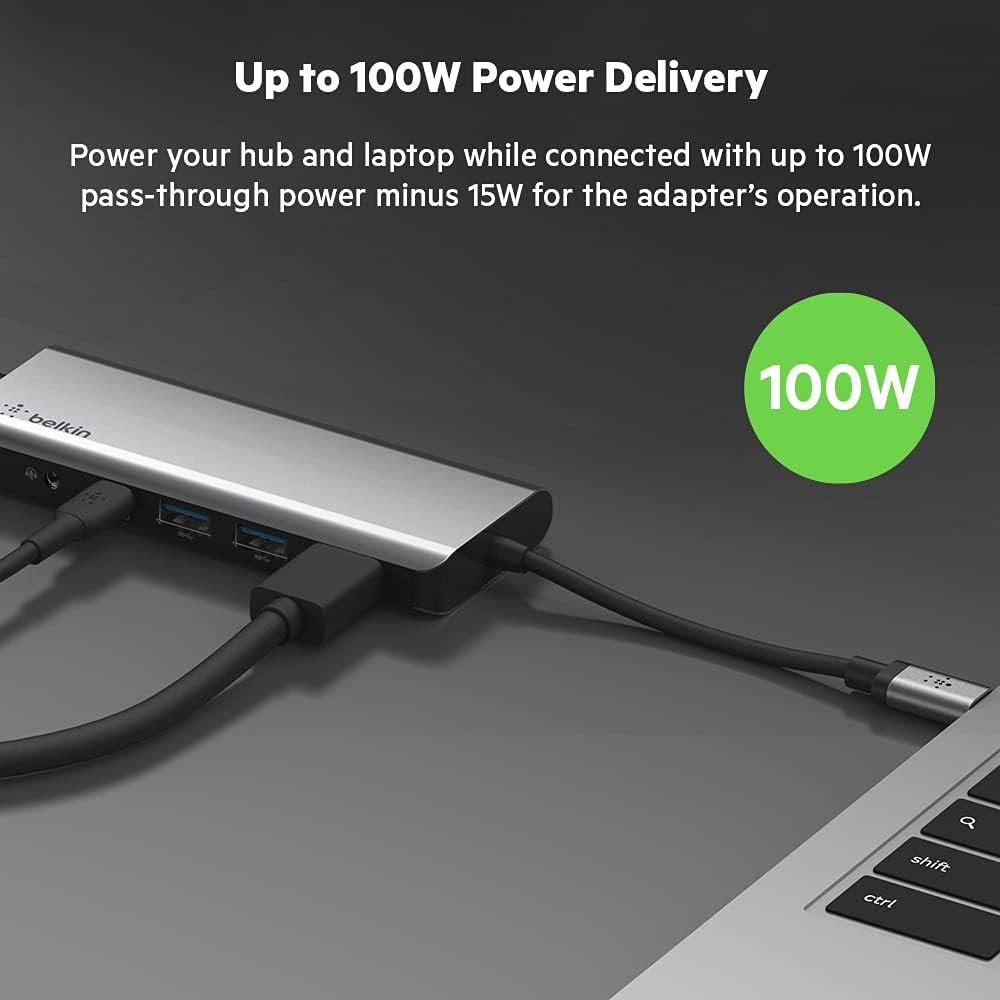 بيلكين - محور 7 في 1 - USB-C إلى (1 SD 1 M.SD 1 AUX 1C 2A 4K HDMI) - رمادي