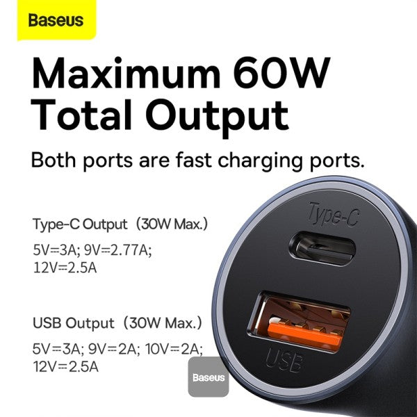 Baseus Golden Contactor Max Dual Car Charger U+C 60W GRY