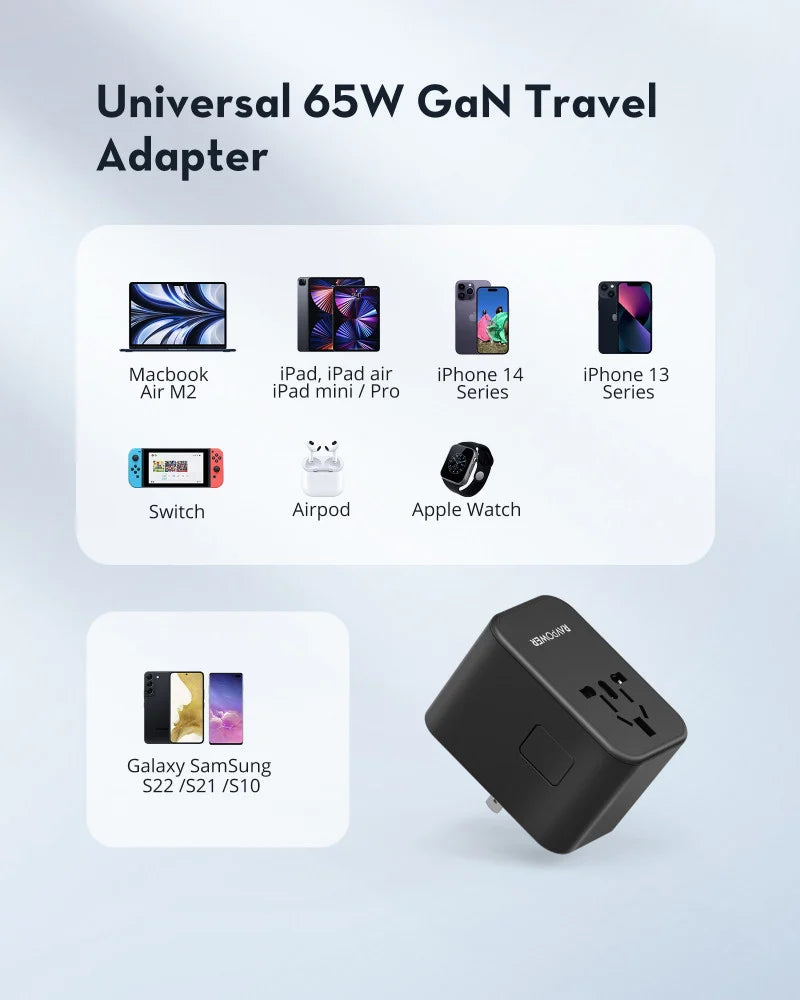 RAVPower RP-PC1034 PD PIONEER 65W 3-Port Travel Charger BLK