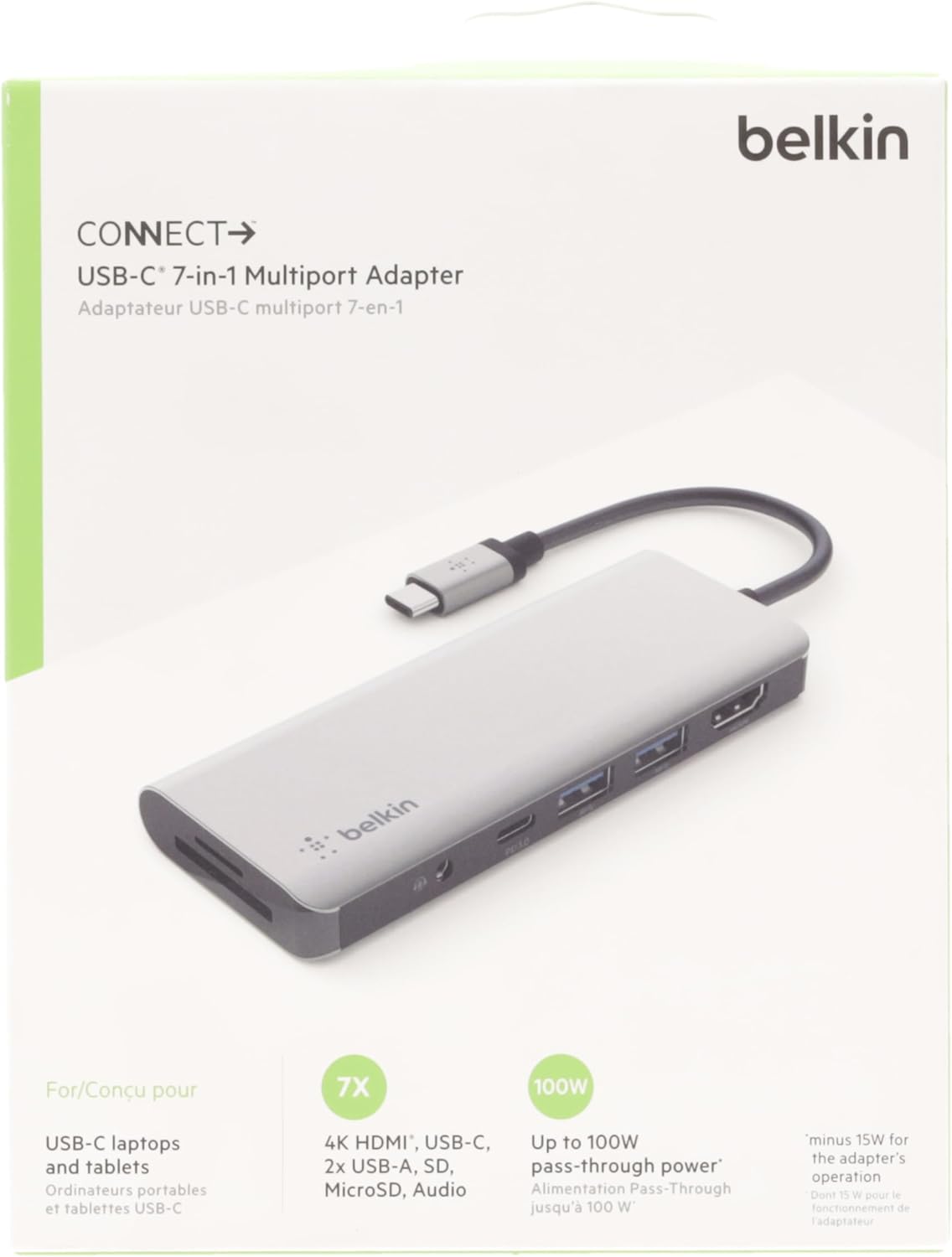 بيلكين - محور 7 في 1 - USB-C إلى (1 SD 1 M.SD 1 AUX 1C 2A 4K HDMI) - رمادي