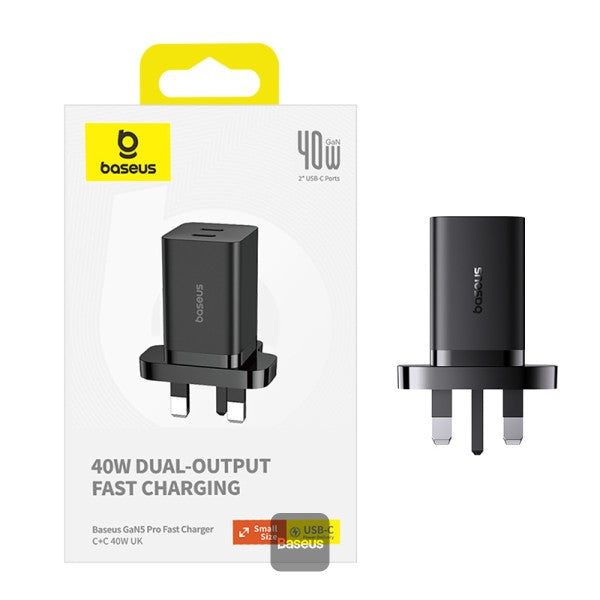 شاحن باسياس GaN5 برو سريع C+C 40W المملكة المتحدة باللون الأسود