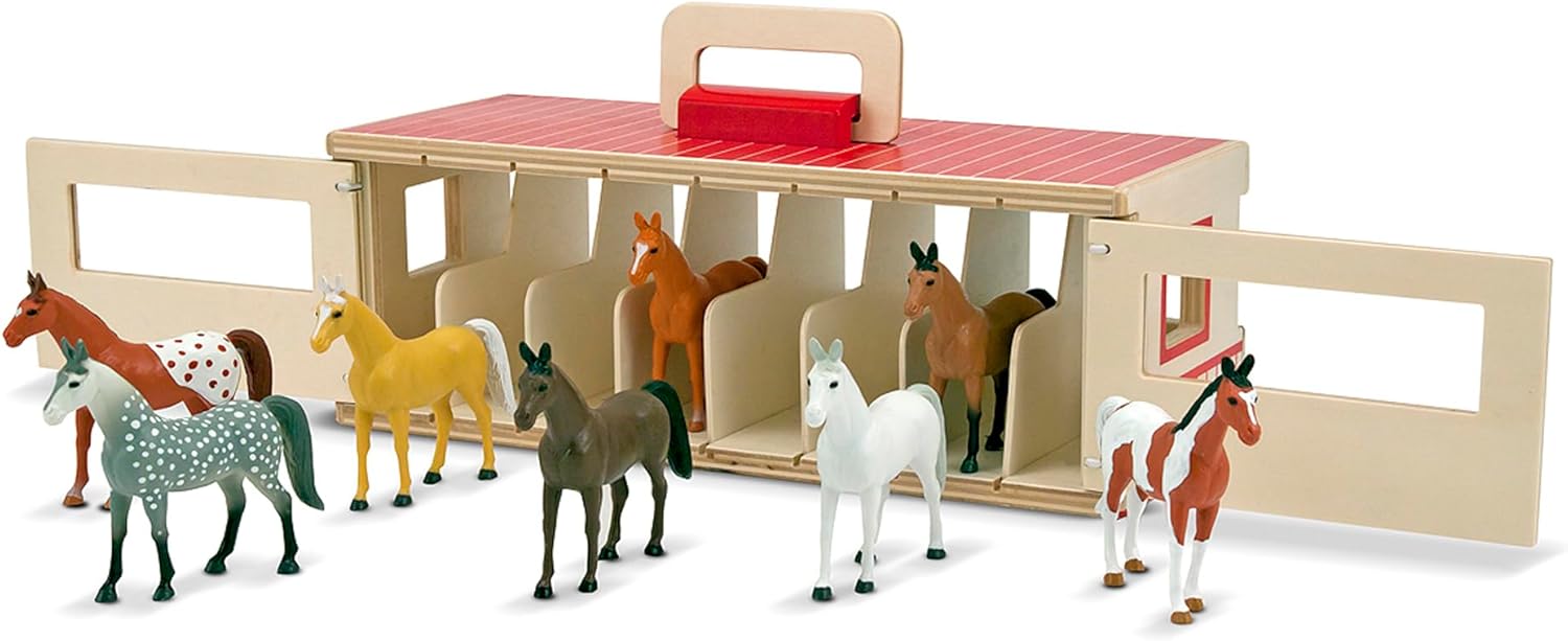 Melissa & Doug Take-Along Show-Horse Stable Play Set With Wooden Stable Box and 8 Toy Horses