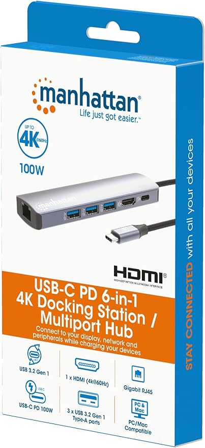 Manhattan USB-C PD 6-in-1 4K Docking Station / Multiport Hub