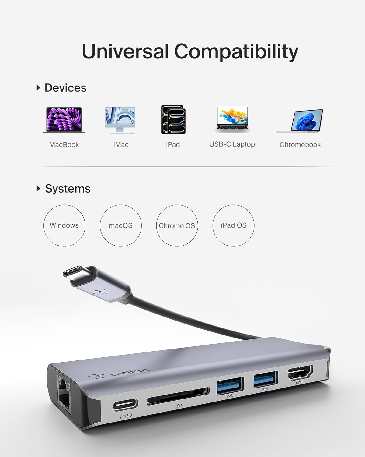 بيلكين - محور 6 في 1 - USB-C إلى (1 USB-C 2 USB-A 5 جيجابت في الثانية 1 HDMI 1 إيثرنت 1 بطاقة SD) - رمادي