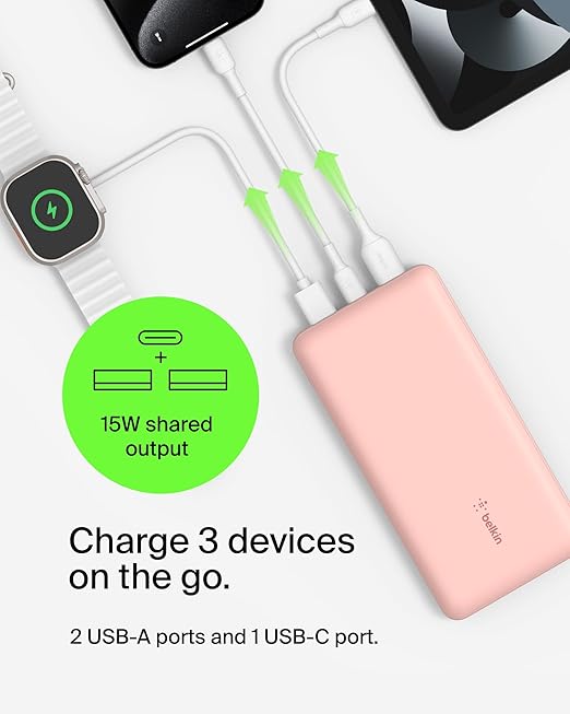 بيلكين - بنك طاقة 20K - 15W USB-C مدخل - USB-A مخرج - روز جولد