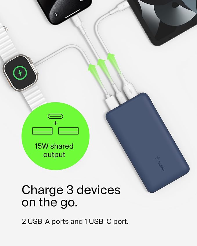 بيلكين - بنك طاقة 10K BOOST CHARGE 15W USB-C مزدوج 12W X2 USB-A - أزرق