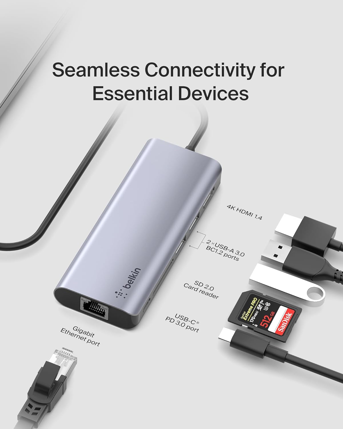 بيلكين - محور 6 في 1 - USB-C إلى (1 USB-C 2 USB-A 5 جيجابت في الثانية 1 HDMI 1 إيثرنت 1 بطاقة SD) - رمادي