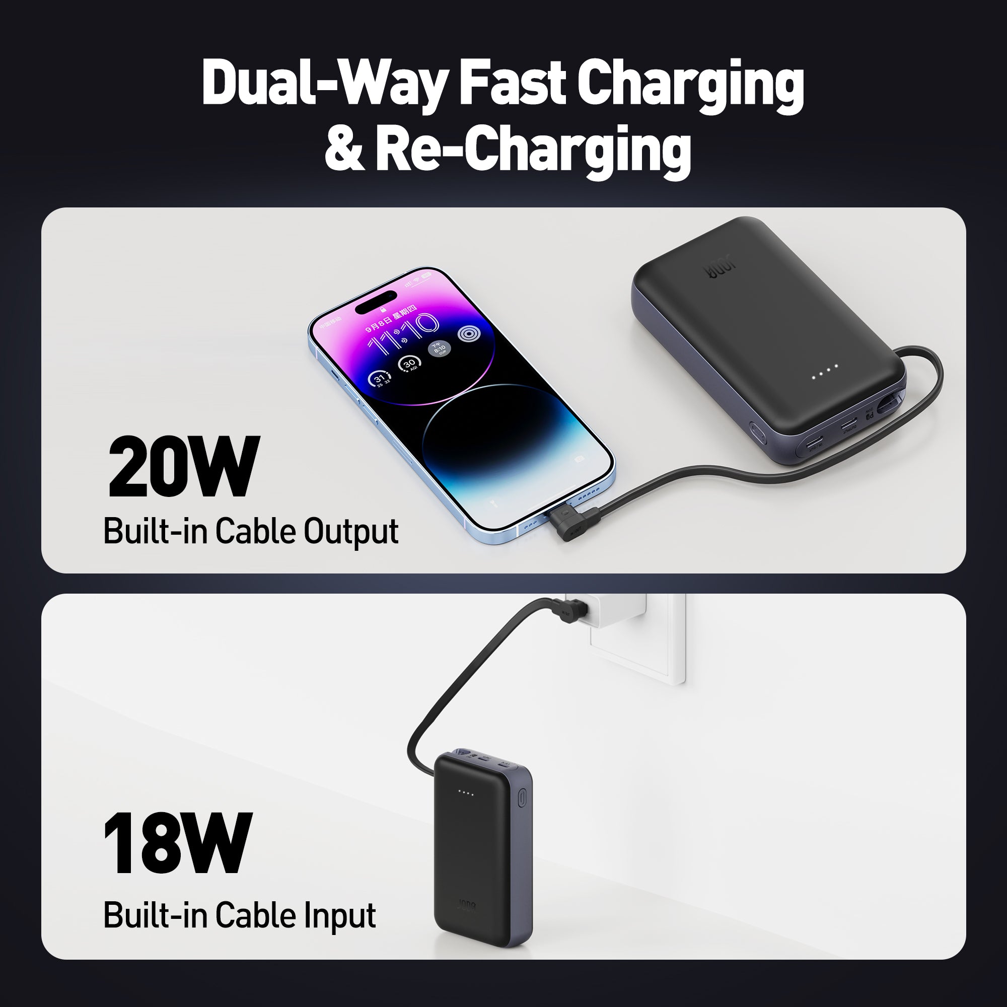 JODA 20000mAh 20W PD Power Bank with Built-in Cable Black