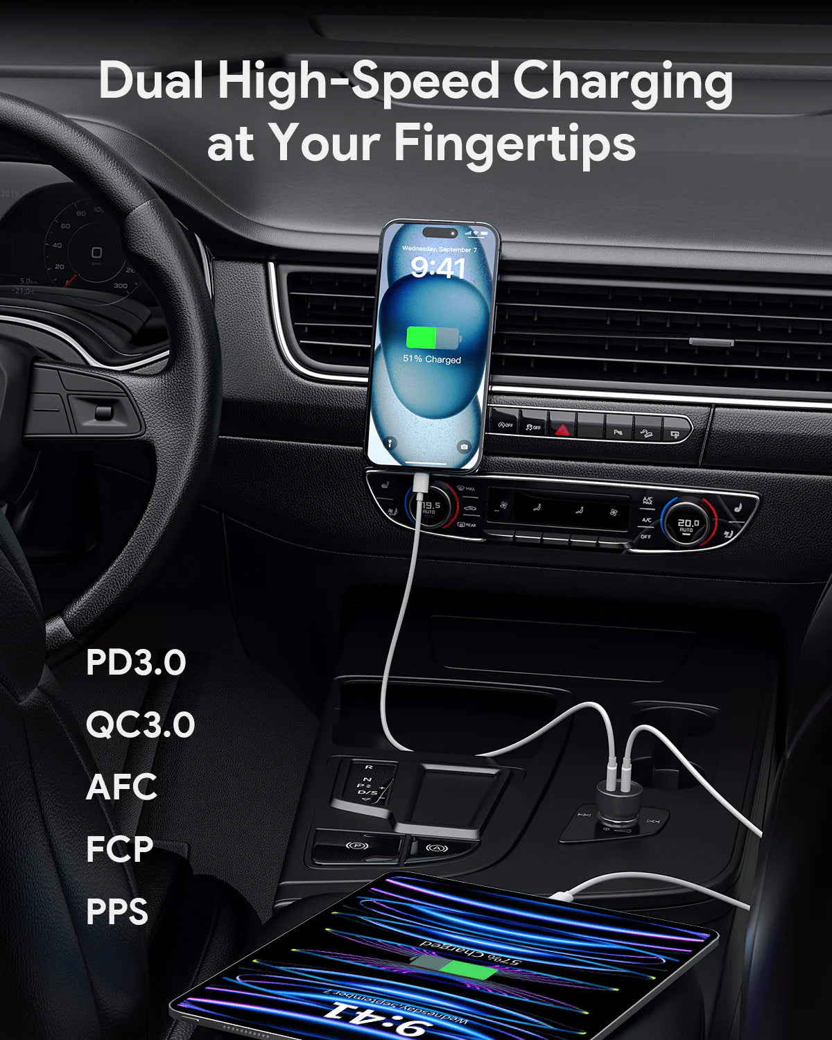 شاحن سيارة صغير 65 واط مع منفذين (C+C)