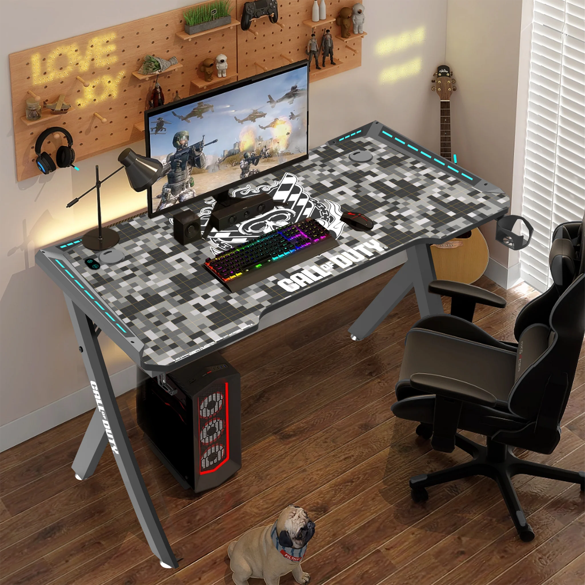 Call Of Duty (COD) x GAMEON Hawksbill Series RGB Flowing Light Gaming Desk (Size: 1200-600-720mm) With (800*300*3mm - Mouse pad), Headphone Hook & Cup Holder - Black/Grey