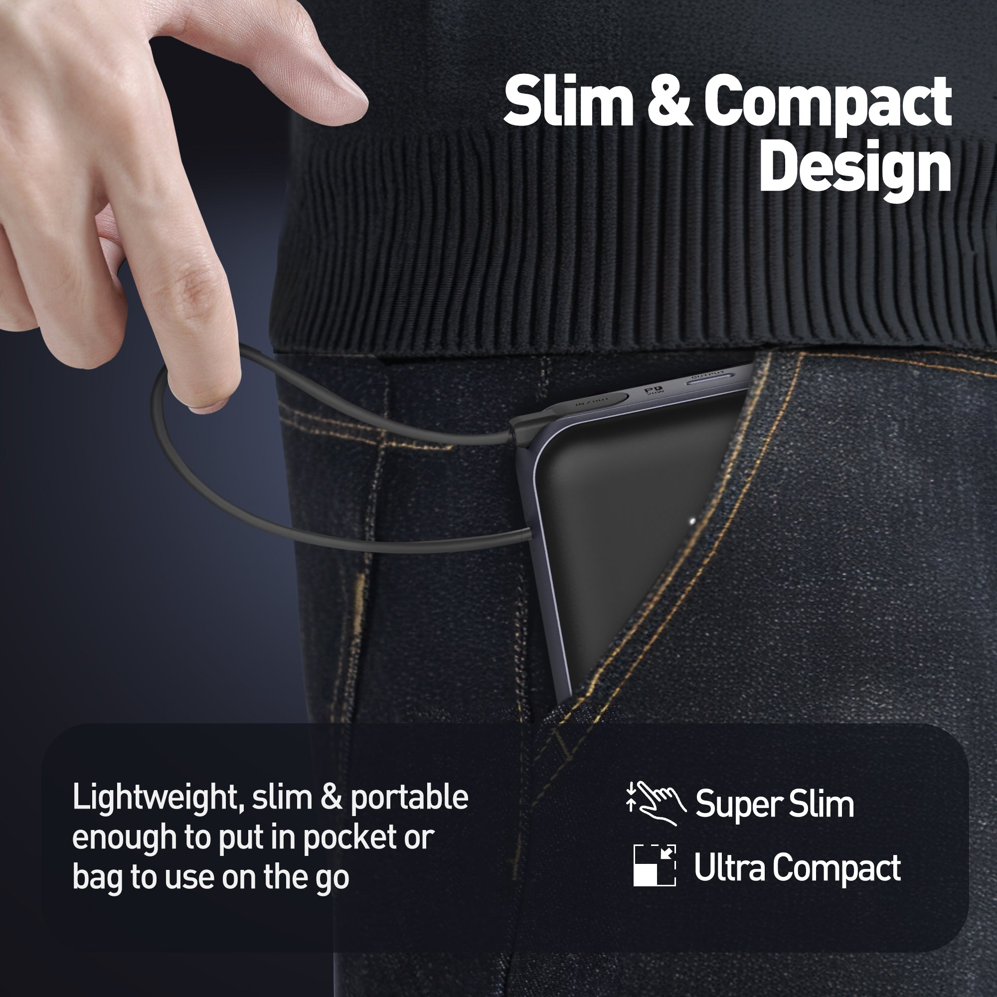 JODA 20000mAh 20W PD Power Bank with Built-in Cable Black
