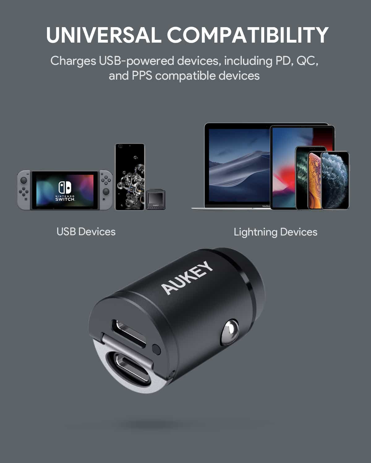 شاحن سيارة أوكي PD Nano 30 وات مع منفذي يو إس بي - سي 2 باللون الأسود