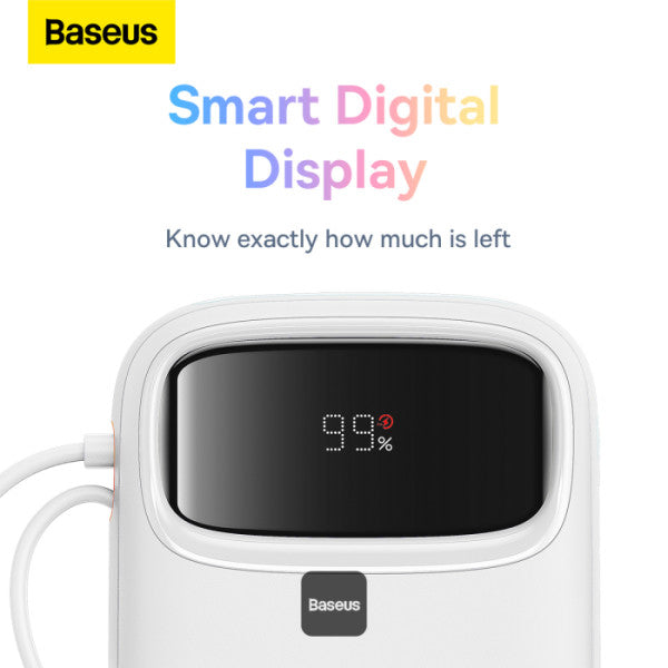 باوربانك Baseus Qpow2 بشاشة عرض رقمية، سعة 20,000 مللي أمبير، 22.5 واط، أبيض لامع (مع كابل شحن بسيط من نوع C بطول 0.3 متر)
